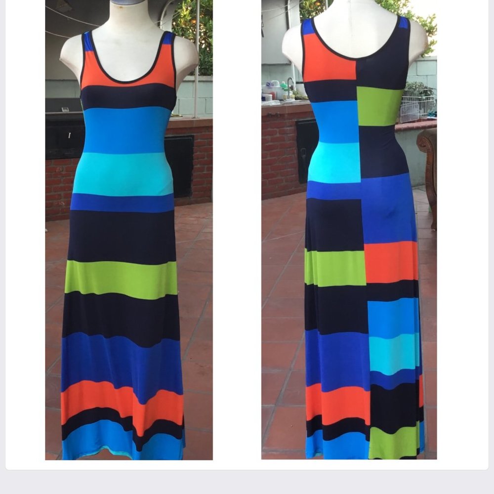 Colorful Bright Printed Long Dress Sundress Sleeveless A-Line Stretchy  S